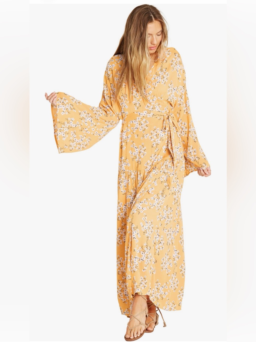 Billabong "My Favorite" Yellow Floral Wrap Maxi Dress, M